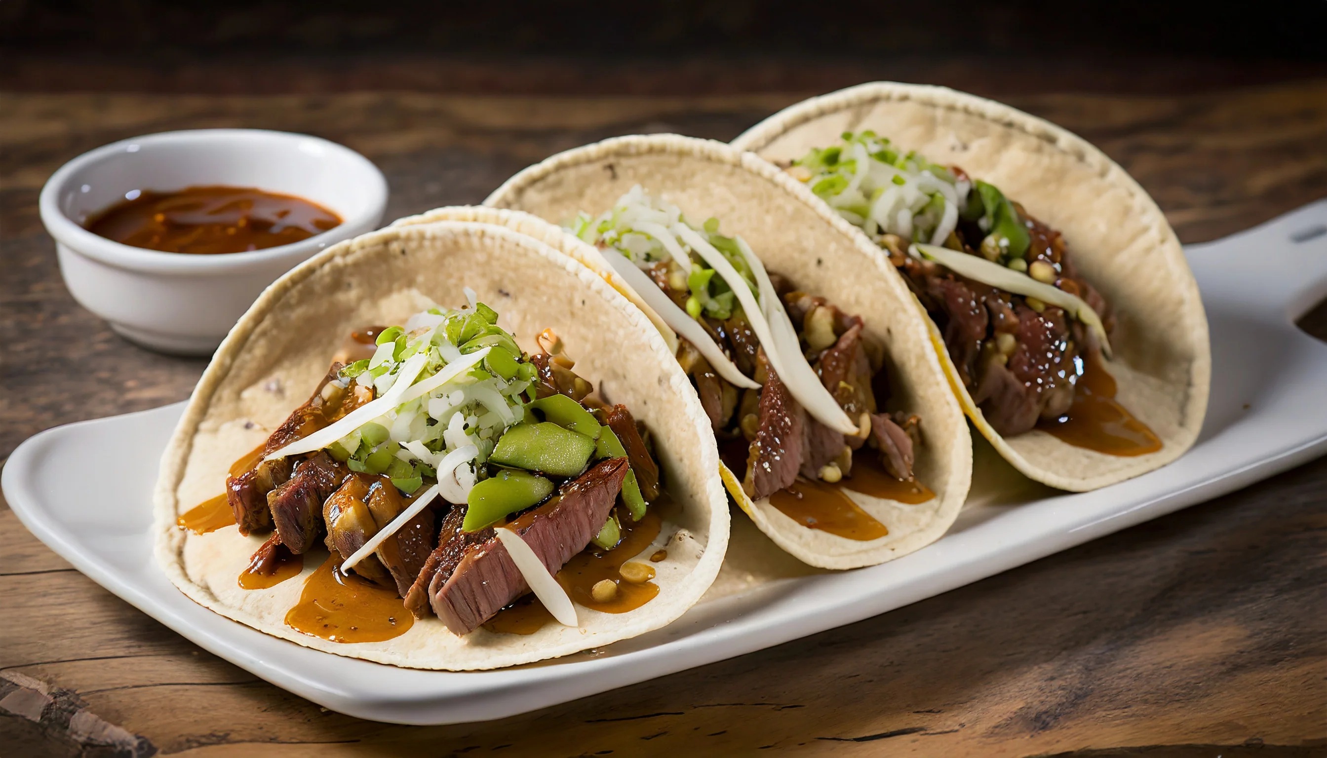 Taco de lámina de rib eye. Con curtido de cebolla.
